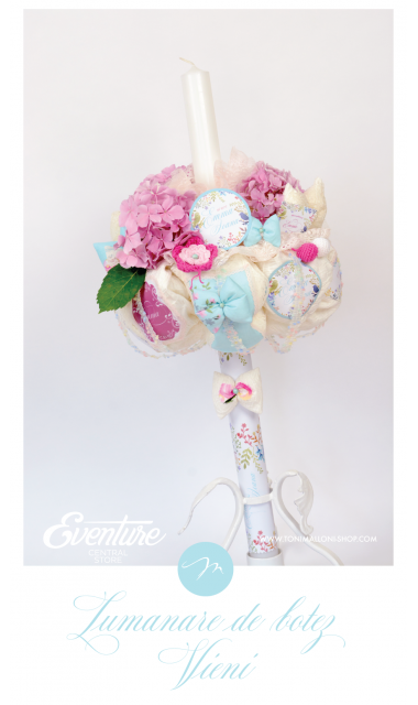 Lumanare de botez pentru fetite cu flori si dantele, 65x4 cm, Dantela cu roz 6